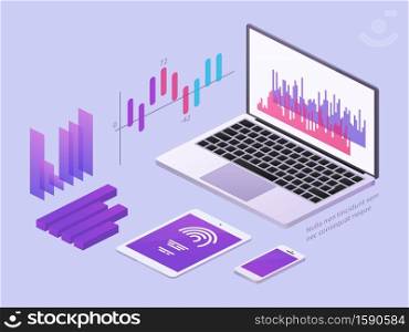 Business app isometric concept. Vector 3d laptop and smartphone with data charts and statistics diagrams. Illustration data optimization, 3d app chart. Business app isometric concept. Vector 3d laptop and smartphone with data charts and statistics diagrams