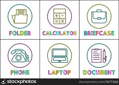 Business app round linear icons templates. Basic files and programs outline bright symbols in circles isolated cartoon flat vector illustrations set.. Business App Round Linear Icons Templates Set