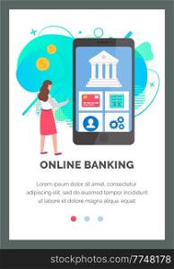 Business application layout. Program for online banking and the bank operations flat vector illustration. Phone screen with a businesswoman, transferring funds and making transactions with money. Business application layout. Program for online banking and the bank operations vector illustration