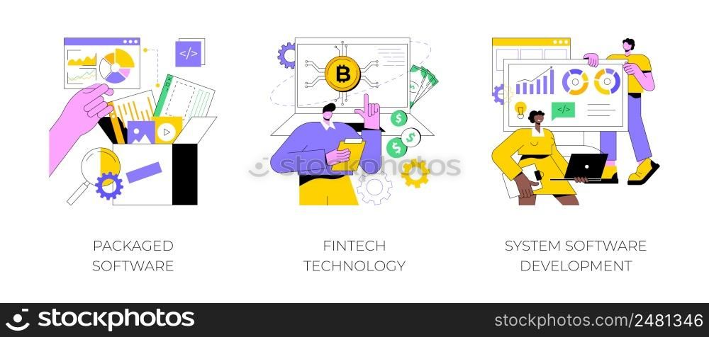 Business applications abstract concept vector illustration set. Packaged software, FinTech technology, system software development, payment processing, database system integration abstract metaphor.. Business applications abstract concept vector illustrations.