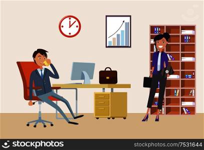 Business appointment of man boss and woman client vector. Person talking on phone, director with cell, businesswoman with briefcase. People in office. Business Appointment of Man Boss and Woman Client