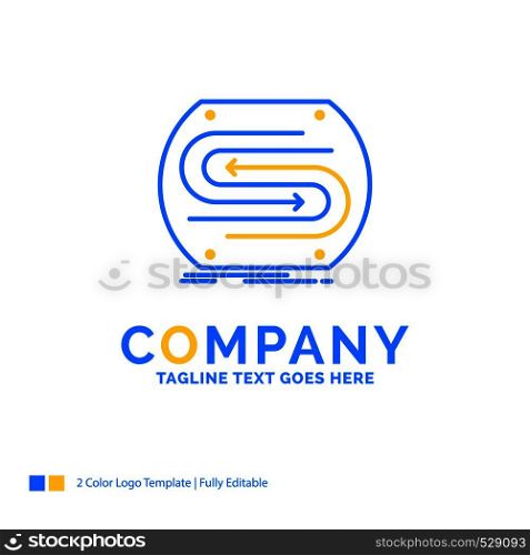 business arrow, concept, convergence, match, pitch Blue Yellow Business Logo template. Creative Design Template Place for Tagline.