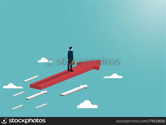 Business arrows concept, businessman stand on arrow flying to success. grow chart up increase profit sales and investment, business finance concept, achievement, leadership, vector illustration flat