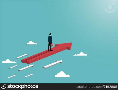 Business arrows concept, businessman stand on arrow flying to success. grow chart up increase profit sales and investment, business finance concept, achievement, leadership, vector illustration flat