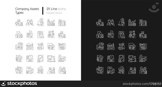 Business assets linear icons set for dark and light mode. Company owned items. Resources for productivity. Customizable thin line symbols. Isolated vector outline illustrations. Editable stroke. Business assets linear icons set for dark and light mode