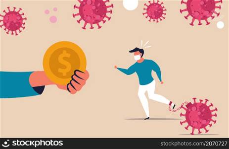 Business assistance and stimulation of the economy with money from the coronavirus. A man chained to a virus runs for financial help from a company. Financial crisis of the economy and collapse.