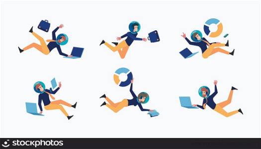 Business astronaut. Success happy persons directors managers in costumes and helmets flying and holding suitcase garish vector corporate characters. Illustration of business astronaut happy. Business astronaut. Success happy persons directors managers in costumes and helmets flying and holding suitcase garish vector corporate characters