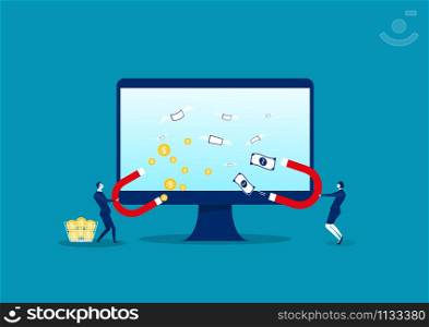 Business attract Dollar Coins and Bills on laptop computer Concept. Illustration