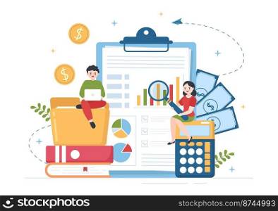 Business Audit of Documents with Charts, Accounting, Calculations and Financial Report Analytics in Flat Cartoon Hand Drawn Templates Illustration