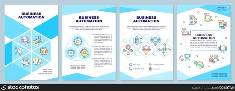 Business automation brochure template. Autonomous operations. Leaflet design with linear icons. 4 vector layouts for presentation, annual reports. Arial-Black, Myriad Pro-Regular fonts used. Business automation brochure template