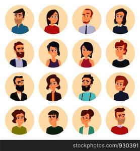 Business avatars. Colored web pictures of male and females office managers vector portraits in cartoon style. Illustration of human face avatar portrait, person business manager cartoon. Business avatars. Colored web pictures of male and females office managers vector portraits in cartoon style