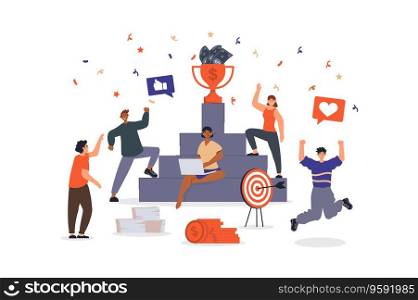 Business award concept with character scene for web. Women and men achieve goals, winning award, celebrating success. People situation in flat design. Vector illustration for marketing material.
