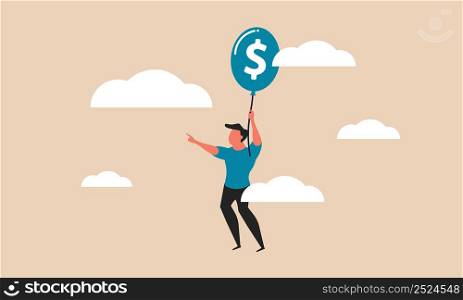 Business balloon with man and career freedom. Finance fly and professional relax people vector illustration concept. Money motivation and innovation imagination. Character high help and free positive