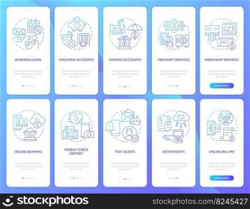 Business bank and digitization blue gradient onboarding mobile app screen set. Walkthrough 5 steps graphic instructions with linear concepts. UI, UX, GUI template. Myriad Pro-Bold, Regular fonts used. Business bank and digitization blue gradient onboarding mobile app screen set