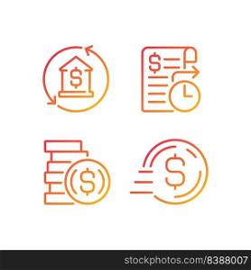 Business banking services pixel perfect gradient linear vector icons set. Mortgage payment. Standing order. Thin line contour symbol designs bundle. Isolated outline illustrations collection. Business banking services pixel perfect gradient linear vector icons set