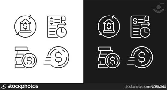 Business banking services pixel perfect linear icons set for dark, light mode. Mortgage payment. Standing order. Thin line symbols for night, day theme. Isolated illustrations. Editable stroke. Business banking services pixel perfect linear icons set for dark, light mode