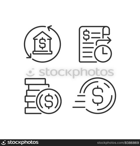 Business banking services pixel perfect linear icons set. Mortgage payment. Standing order. Send money. Customizable thin line symbols. Isolated vector outline illustrations. Editable stroke. Business banking services pixel perfect linear icons set
