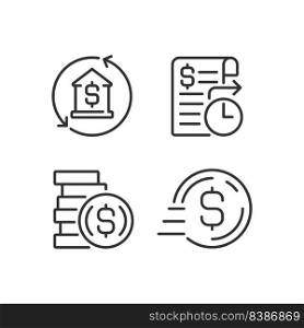 Business banking services pixel perfect linear icons set. Mortgage payment. Standing order. Send money. Customizable thin line symbols. Isolated vector outline illustrations. Editable stroke. Business banking services pixel perfect linear icons set