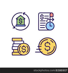 Business banking services pixel perfect RGB color icons set. Mortgage payment. Standing order. Send money. Isolated vector illustrations. Simple filled line drawings collection. Editable stroke. Business banking services pixel perfect RGB color icons set