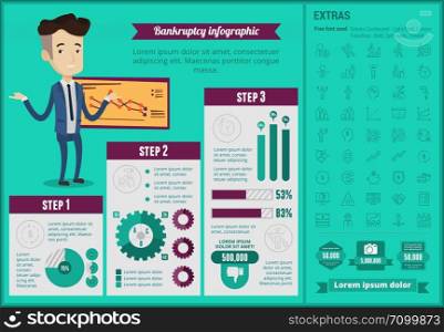Business bankruptcy infographic template with disappointed caucasian businessman. Business infographics elements and icons. Highly customizable colours, shapes and charts. Vector flat design.. Business bankruptcy infographic template.
