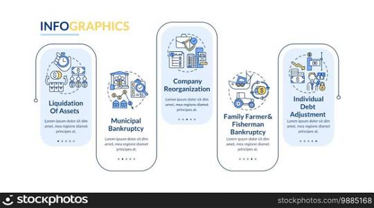 Business bankruptcy vector infographic template. Bankruptcy presentation design elements. Data visualization with 5 steps. Process timeline chart. Workflow layout with linear icons. Business bankruptcy vector infographic template