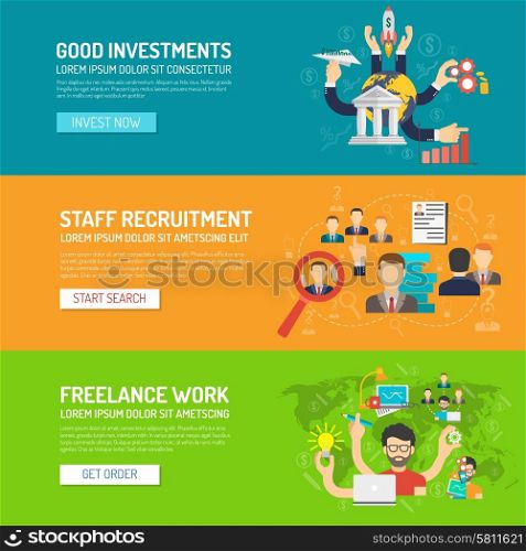 Business banner horizontal set with investments recruitment freelance work elements isolated vector illustration. Business Banner Horizontal