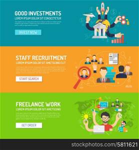 Business banner horizontal set with investments recruitment freelance work elements isolated vector illustration. Business Banner Horizontal
