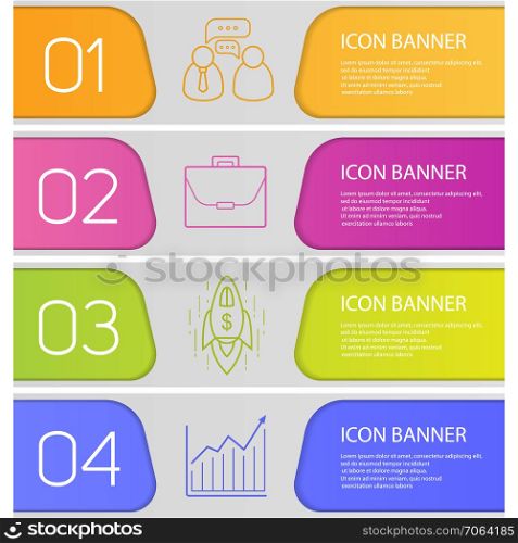 Business banner templates set. Easy to edit. Briefcase, working conversation, growth chart and spaceship. Website menu items with linear icons. Color web banner. Vector headers design concepts. Business banner templates set
