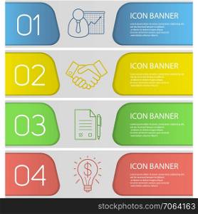Business banner templates set. Easy to edit. Businessman with graph, handshake, contract and startup idea . Website menu items with linear icons. Color web banner. Vector headers design concepts. Business banner templates set