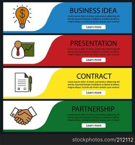 Business banner templates set. Easy to edit. Presentation with graph, signed contract, handshake, successful idea. Website menu items. Color web banner. Vector headers design concepts. Business banner templates set