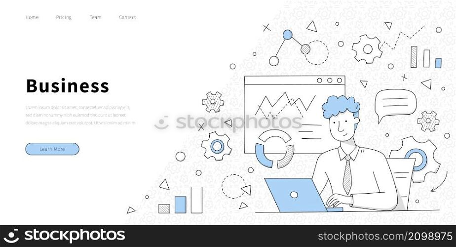 Business banner with man works on laptop in office. Vector landing page with doodle illustration of businessman with notebook on background of diagrams, charts and gears. Business banner with man works on laptop in office