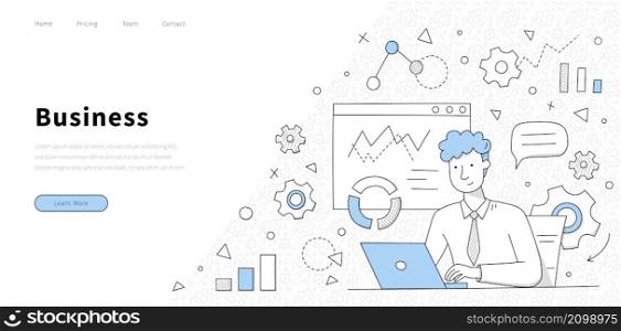 Business banner with man works on laptop in office. Vector landing page with doodle illustration of businessman with notebook on background of diagrams, charts and gears. Business banner with man works on laptop in office