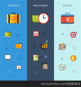 Business banners vertical set with portfolio time is money success elements isolated vector illustration