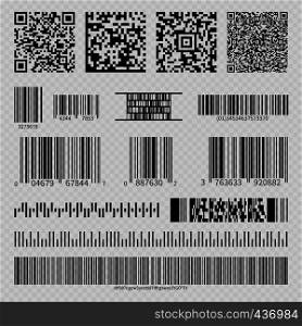 Business barcodes and QR codes isolated on transparent background. Vector illustration. Business barcodes and QR codes