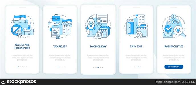 Business benefits in India blue onboarding mobile app screen. Tax holiday walkthrough 5 steps graphic instructions pages with linear concepts. UI, UX, GUI template. Myriad Pro-Bold, Regular fonts used. Business benefits in India blue onboarding mobile app screen