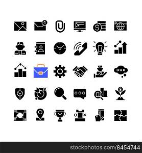 Business black glyph icons set on white space. Commerce and finance. Digitalization and development strategy. Silhouette symbols. Solid pictogram pack. Vector isolated illustration. Business black glyph icons set on white space