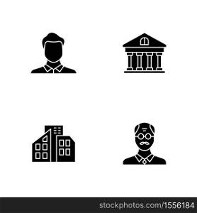 Business black glyph icons set on white space. Man avatar. Middle age businessman. Bank account. Real estate. Private property. Office buildings. Silhouette symbols. Vector isolated illustration. Business black glyph icons set on white space