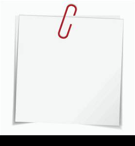 Business blank note paper for office, advertising and message with red paper clip and shadow isolated on white background. EPS10 vector illustration.