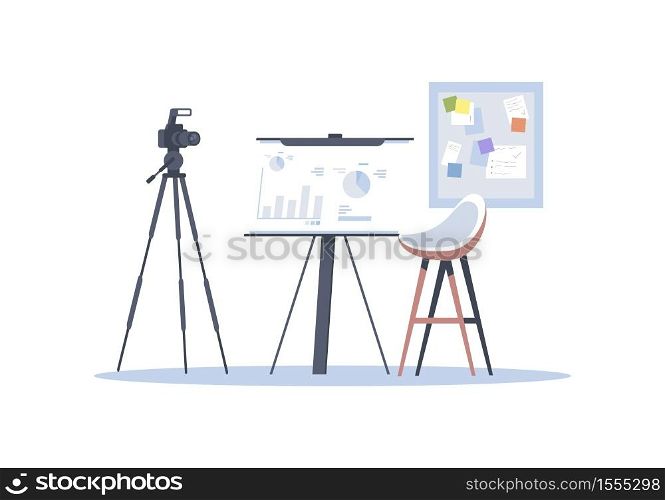 Business blog semi flat RGB color vector illustration. Camera on tripod and chart isolated cartoon objects on white background. Professional financial and economic analysis. Stock market analytics. Business blog semi flat RGB color vector illustration