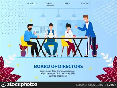 Business Board Meeting of Directors in Office. Businessmen Around Table Planning Project and Solving Problems. Brainstorming Group, Leaders Meet. Cartoon Flat Vector Illustration. Horizontal Banner. Business Board Meeting of Directors in Office.