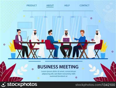 Business Board Meeting with Arab Partners. Male Characters Communicating Sitting at Office Table. International Partnership and Team Collaboration. Cartoon Flat Vector Illustration. Horizontal Banner.. Business Office Board Meeting with Arab Partners.