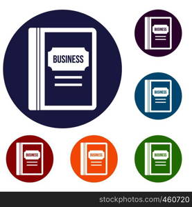 Business book icons set in flat circle reb, blue and green color for web. Business book icons set