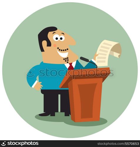 Business boss character with paper document at tribune with microphone on public conference concept isolated vector illustration
