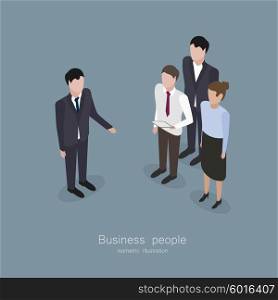 Business boss man. Business boss man meeting people worker in isometric style vector illustration