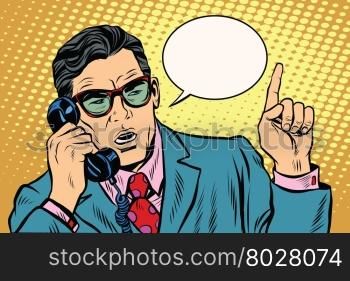 Business boss talking on the phone pop art retro vector. The business negotiations. Telephone support. Retro background