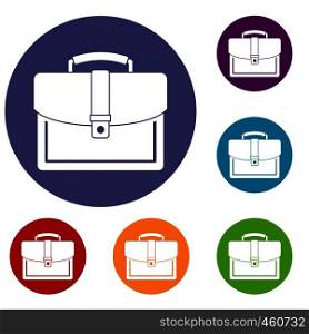 Business briefcase icons set in flat circle reb, blue and green color for web. Business briefcase icons set