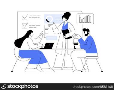 Business briefing abstract concept vector illustration. Teamwork task discussion, business strategy communication, hold a meeting, department manager, financial data report abstract metaphor.. Business briefing abstract concept vector illustration.
