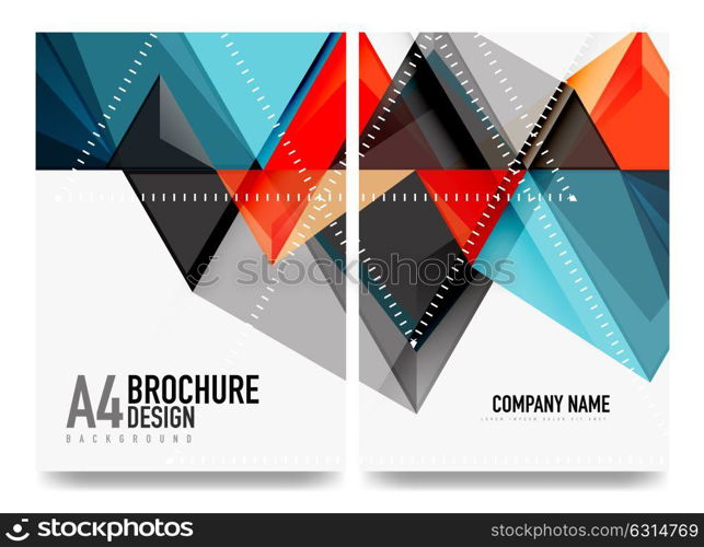 Business brochure cover layout, flyer a4 template. Business brochure cover layout, flyer a4 template. Triangle geometric design, blue and orange colors