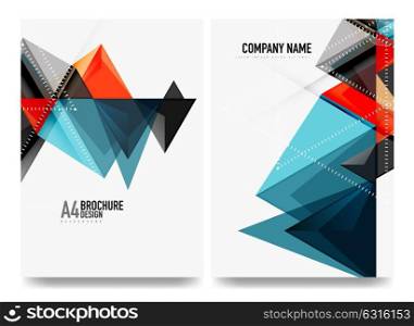 Business brochure cover layout, flyer a4 template. Business brochure cover layout, flyer a4 template. Triangle geometric design, blue and orange colors