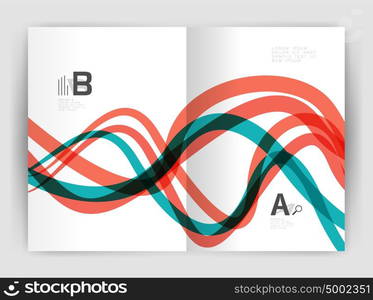 Business brochure flyer tempalate, wave and line abstract background. Business brochure flyer template, wave and line abstract background. Colorful curvy and wavy stripes on print template with sample text